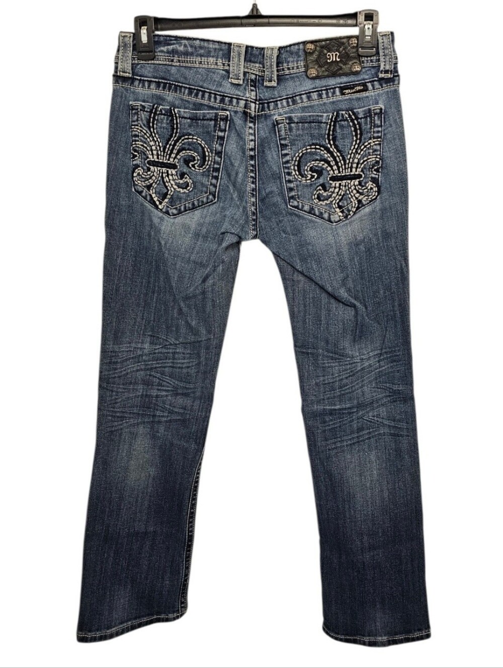 Miss Me Embroidered Fleur-de-Lis Dark Blue Straight Jeans